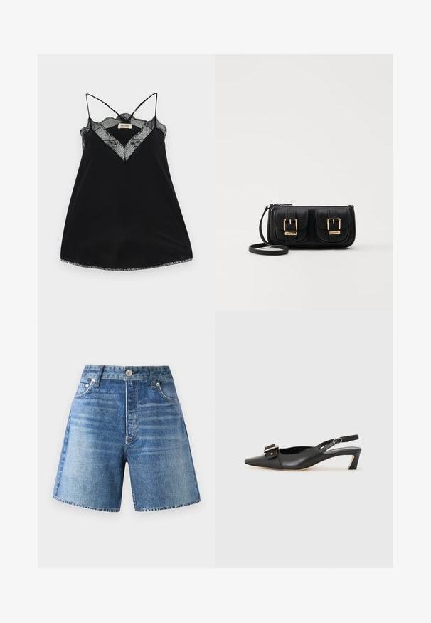 Schwarzes Trägertop mit verstellbaren Trägern, ausgestattet mit einem Spitzen-Ausschnitt und gewellten Kanten. Glattes Material mit leichtem Glanz.; Jeansshorts in einem hellblauen Waschung mit hoher Taille, fünf Taschen und einem Knopfverschluss, mit einer verblassten Textur und einem rohen Saum.; Schwarzer Leder Slingback-Schuh mit spitzer Zehenform, kleinem Absatz und dekorativem Schnallen-Detail auf dem Obermaterial. Glatte Textur, minimalistisches Design.; Schwarze Leder-Umhängetasche mit zwei vorderen Taschen, goldenen Schnallen, Reißverschluss und einem schmalen Tragegurt. Texturierte Oberfläche und kompakte rechteckige Form.
