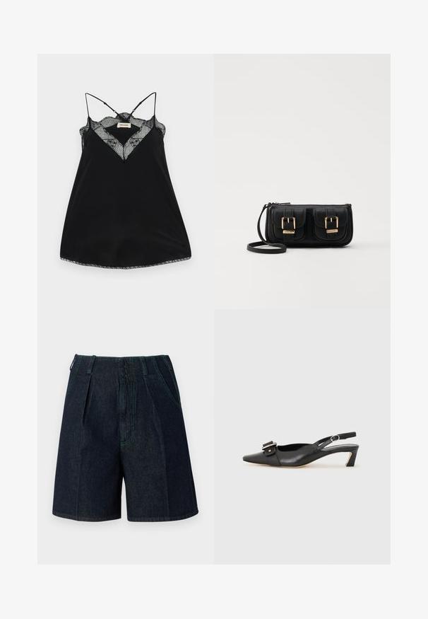 Camiseta negra sin mangas con tirantes ajustables, con un escote de encaje en forma de pico y bordes ondulados. Tejido suave con un ligero brillo.; Shorts de mezclilla con un lavado oscuro, que presentan pliegues, bolsillos laterales y costuras en verde contrastante a lo largo de las costuras.; Zapato slingback de cuero negro con punta afilada, tacón pequeño y detalle de hebilla decorativa en la parte superior. Textura suave, diseño minimalista.; Bolso cruzado de cuero negro con dos bolsillos frontales, hebillas doradas, cierre de cremallera y una correa delgada. Superficie texturizada y forma rectangular compacta.