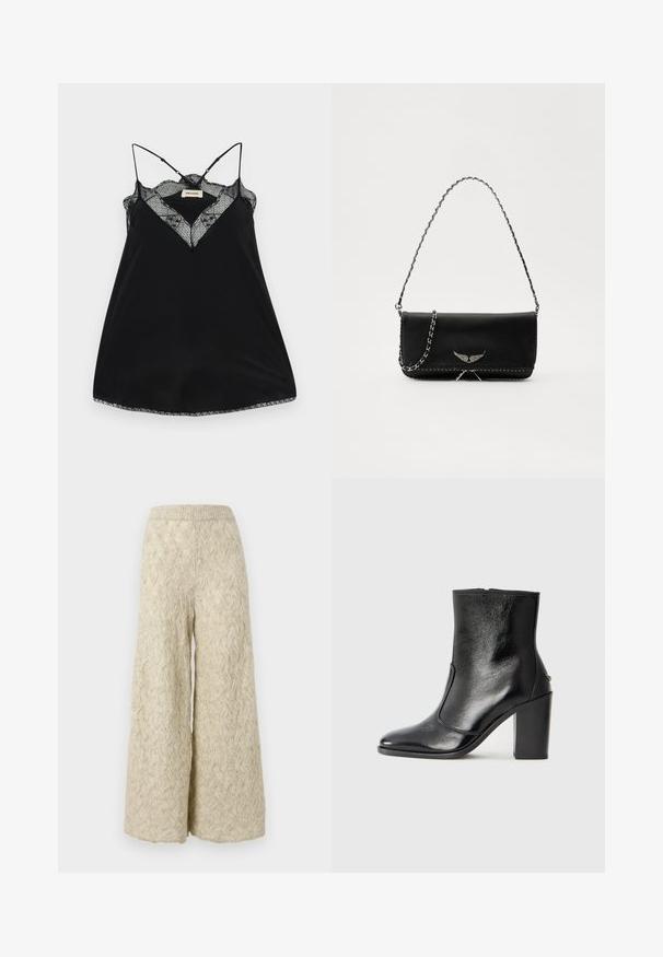 Camisole noire avec des bretelles réglables, dotée d'un décolleté en dentelle plongeant et de bords festonnés. Tissu lisse avec un léger éclat.; Pantalons à jambes larges en beige clair, tissu tricoté avec un motif en vagues. Dotés d'une taille élastique pour le confort et d'une coupe ample.; Bottine en cuir noir, avec une texture lisse, un bout pointu et un talon chunky haut. Présente une ouverture sur le côté et un design minimaliste.; Sac à main en cuir noir avec une bandoulière en chaîne argentée, présentant des accents décoratifs en forme d'ailes et des coutures blanches le long de la couture inférieure.