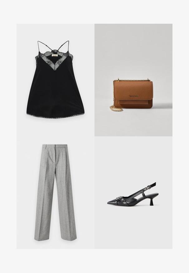 Zwarte camisole met verstelbare bandjes, met een kanten V-hals en golvende randen. Gladde stof met een lichte glans.; Hoge taille grijze broek met verticale streepjes en wijde rechte pijpen, weergegeven tegen een witte achtergrond.; Zwarte leren slingback schoen met een puntige neus, decoratieve banden met metalen oogjes en een lage blokhak. Textuur oppervlak.; Bruine lederen schoudertas met textuur, voorzien van een gouden kettingstrap en klepsluiting. De voorkant heeft een logo-detail en een zak onder de klep.