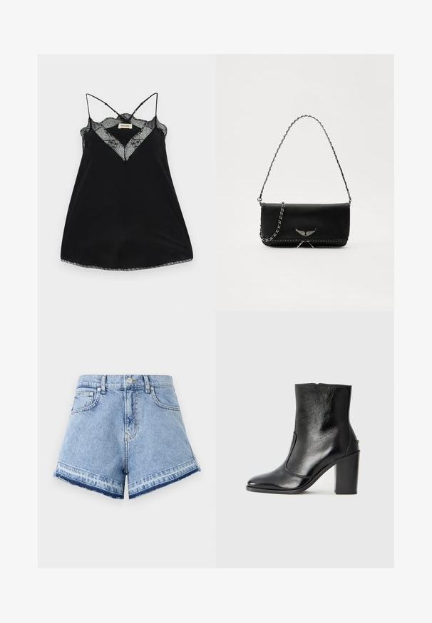 Black camisole with adjustable straps, featuring a lace plunge neckline and scalloped edges. Smooth fabric with a slight sheen.; MOSCHINO JEANS Denim shorts - multi light blue; Black leather ankle boot with a smooth texture, pointed toe, and a chunky high heel. Features a side opening and minimalistic design.; Black leather handbag with a silver chain strap, featuring decorative wing accents and white stitching along the bottom seam.