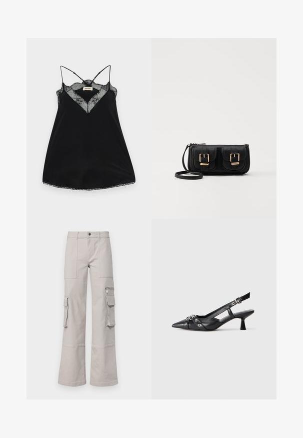 Sort camisole med justerbare stropper, prydet med en blonderede V-udskæring og bølgede kanter. Glat stof med en let glans.; Lys grå cargobukser med brede ben, flere lommer og en struktureret stoffinish. Har synlige sømme og en knaplukning.; Sort lædersandal med spids tå, dekorative stropper med metaløjer og en lav blokhæl. Struktureret overflade.; Sort læder crossbody taske med to frontlommer, guldspænder, lynlåslukning og en slank rem. Struktureret overflade og kompakt rektangulær form.