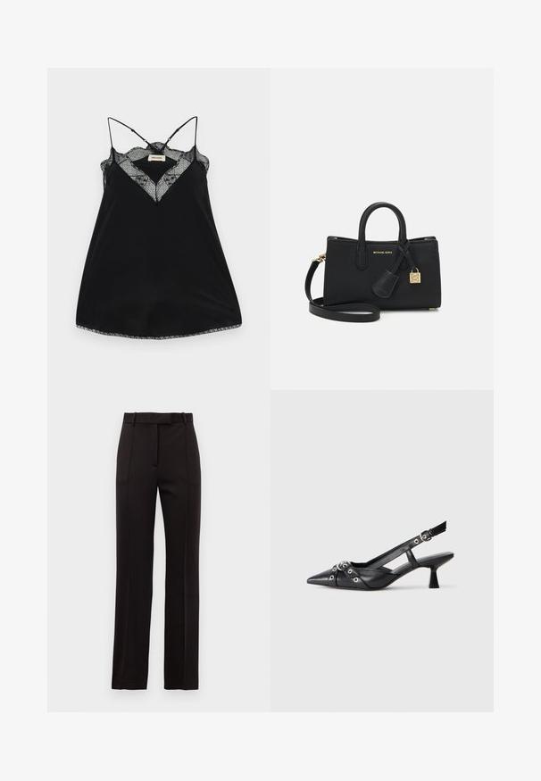 Fekete ujj nélküli blúz állítható pántokkal, csipkés, mély dekoltázzsal és hullámos szegéllyel. Simább anyag enyhe fényességgel.; Fekete, jól szabott nadrág egyenes szárú fazonnal, finom csíkos mintázattal, övtartókkal és sima felülettel.; Fekete bőr slingback cipő hegyes orral, dekoratív pántokkal, fém szemekkel és alacsony blokk sarkú. Texturált felület.; Fekete bőrtáska strukturált dizájnnal, felső füllel és levehető vállpánttal. Arany kiegészítőkkel és logós charm-mal rendelkezik.