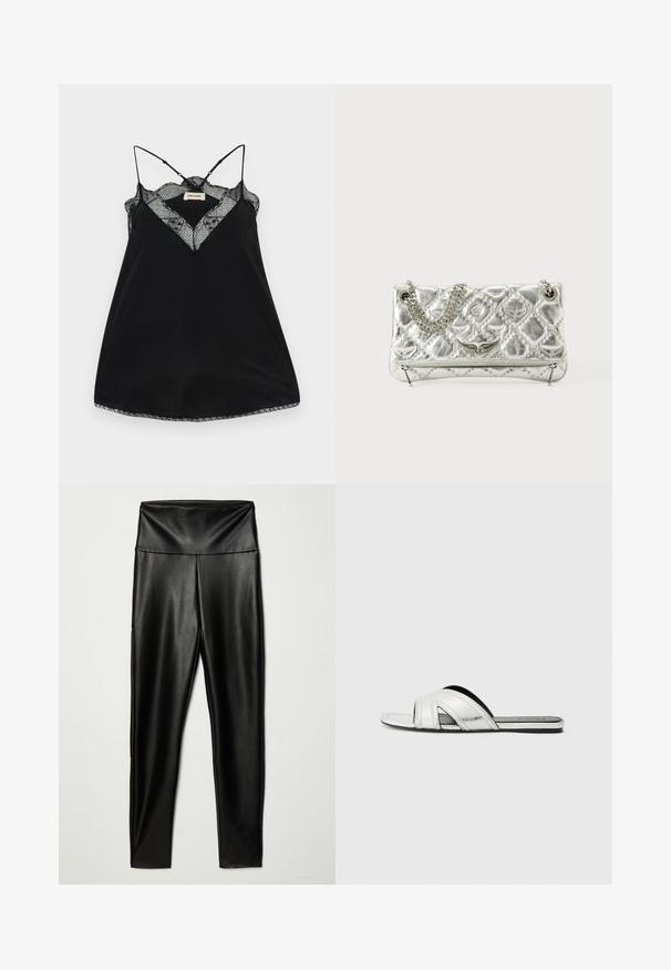 Czarna koszulka na ramiączkach z regulowanymi sznurkami, z koronkowym dekoltem w kształcie litery V i falbaniastymi brzegami. Gładki materiał o lekkim połysku.; Czarne legginsy z ekologicznej skóry z wysokim stanem, charakteryzujące się gładką teksturą i dopasowanym krojem, sięgające do kostek.; Srebrne płaskie klapki z metalicznym wykończeniem, posiadające zakrzywiony pasek, wycięcia oraz teksturowaną podeszwę dla lepszej przyczepności.; Srebrna torebka metaliczna z łańcuszkowym uchwytem, pikowanym wzorem, dekoracyjnym haftem i zapięciem na zamek błyskawiczny. Posiada wytłoczone akcenty na przodzie.