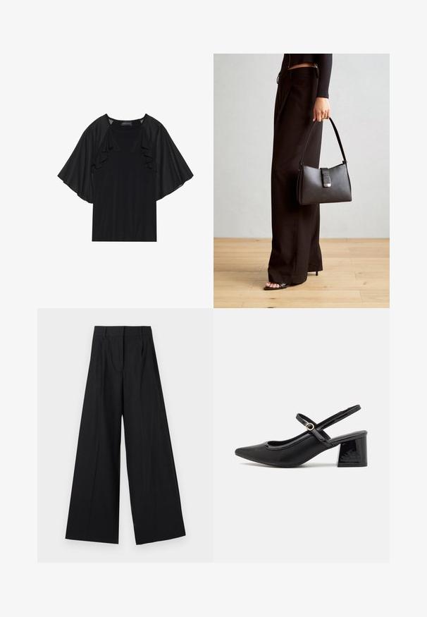 Top preto com manga curta e franzida, e decote redondo. O material parece suave com um brilho subtil. Design casual.; Calças largas em preto com um padrão de riscas. Feitas de um material suave, apresentam uma cintura alta e pregas na frente.; Sabrinas de cerâmica preta com salto bloco, bico apontado e um design com recortes arredondados. Apresenta um detalhe em fivela de tom dourado.; Bolsa preta com forma estruturada, textura suave e um fecho metálico. Combinada com calças largas pretas e sandálias de salto aberto sobre um chão de madeira.