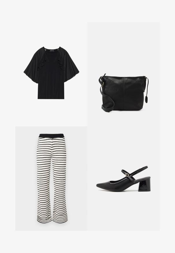 Top preto com manga curta e franzida, e decote redondo. O material parece suave com um brilho subtil. Design casual.; Calças largas de malha em riscas pretas e brancas. Apresentam uma cintura canelada e um tecido texturizado com um padrão ondulado por toda a peça.; Sabrinas de cerâmica preta com salto bloco, bico apontado e um design com recortes arredondados. Apresenta um detalhe em fivela de tom dourado.; Mala de ombro em couro preto com forma plana, detalhes em metal dourado e alça ajustável. Textura suave com detalhes de costura mínimos.