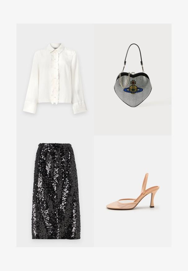 Bluză albă cu mâneci lungi și guler, având o plăcuță de nasturi cu volane și manșete late. Fabricată dintr-un material ușor, texturat.; Fustă neagră din paiete, cu un croi drept, talie elastică și o textură netedă, decorată cu paiete strălucitoare de dimensiuni variate pentru un contrast vizual.; Sandal cu toc din plasă nud, cu vârf ascuțit, curea subțire pentru glezna și toc stiletto, având un accent negru la bază.; Geantă în formă de inimă, realizată din plasă cu un finisaj metalic, având un design cu o pisică și o planetă în culorile albastru, galben și roșu. Include un bretele cu lanț.