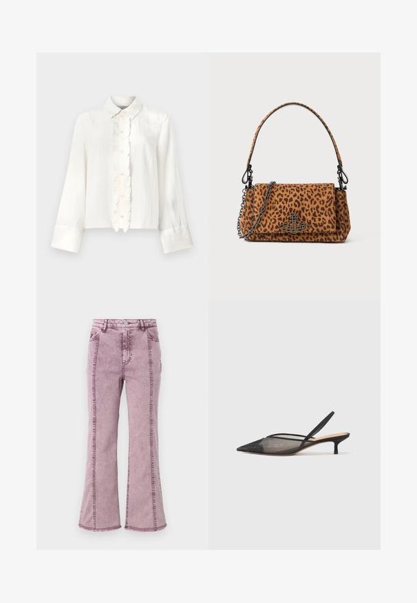 White long-sleeve blouse with a collar, featuring a ruffled button placket and wide cuffs. Made of lightweight, textured fabric.; Purple denim flared jeans with a high waist, featuring visible stitching along the sides and raw hem at the bottom.; NEOUS IRENA - Classic heels - black; Leopard print handbag made of suede with a short handle, a chain strap, and a black hardware clasp. Rectangular shape with a flap closure.