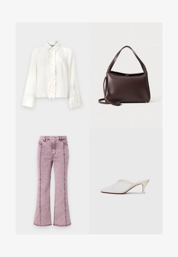 White long-sleeve blouse with a collar, featuring a ruffled button placket and wide cuffs. Made of lightweight, textured fabric.; Purple denim flared jeans with a high waist, featuring visible stitching along the sides and raw hem at the bottom.; White mesh pointed-toe mule with a slim mid-height heel and slip-on design against a plain background.; Brown leather handbag with a structured shape, featuring a single top handle and a detachable shoulder strap. Gold-tone hardware detail.