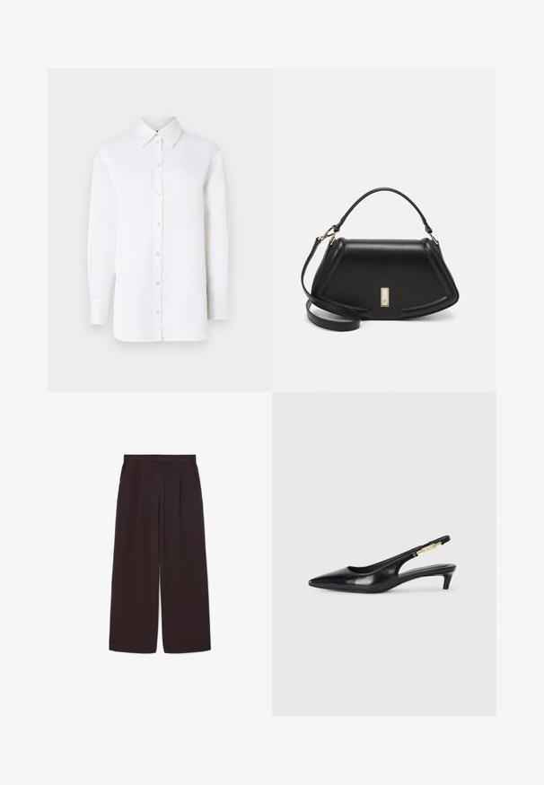 Bjela lanena košulja s dugim rukavima i oštrom kragnom, zatvaranjem na dugmad. Ima opušteni kroj i glatku teksturu.; Tamno smeđi široki hlače od lagane tkanine, s visokim strukom, nabranim detaljima i dva bočna džepa, te elastičnim pojasom.; Crne kožne sandale s petom, s izduženim vrhom, imaju usku petu i zlatni akcent na podesivoj traci. Glatka tekstura.; Crna kožna torba s strukturiranim dizajnom, s krojenim oblikom, gornjom drškom i zlatnim detaljima. Uključena je podesiva ramena traka.