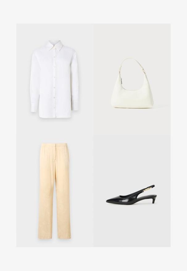 Bílá lněná košile na knoflíky s špičatým límcem, dlouhými rukávy a knoflíkovým zapínáním. Nabízí uvolněný střih a hladkou texturu.; Světle žluté, volně padnoucí kalhoty s jemným vzorem listů. Mají elastický pas a rovný střih. Hladká struktura.; Černé kožené boty na podpatku s otevřenou patou a špičatou špičkou, s tenkým podpatkem a zlatým akcentem na nastavitelném pásku. Hladký povrch.; Malá bílá ramenní taška s jedním nastavitelným popruhem a zipovým uzávěrem, umístěná na jednobarevném bílém pozadí.