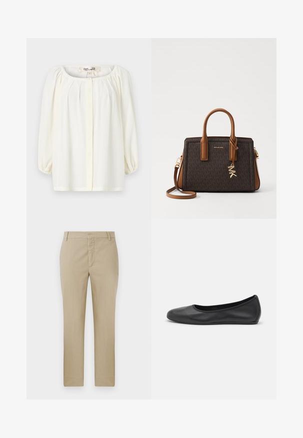 Witte blouse met een ronde halslijn, geplooide voorkant en driekwart pofmouwen. Gemaakt van lichtgewicht stof met een zachte textuur.; Beige broeken met een rechte snit, gemaakt van een gladde stof. Kenmerken zijn een ritssluiting en riemlussen; minimale naden en geen zichtbare patronen.; Zwarte leren ballerina met een ronde neus, gladde textuur, minimale stikdetails en een flexibele zoolontwerp.; MICHAEL Michael Kors LAILA SATCHEL - Handtas - brown