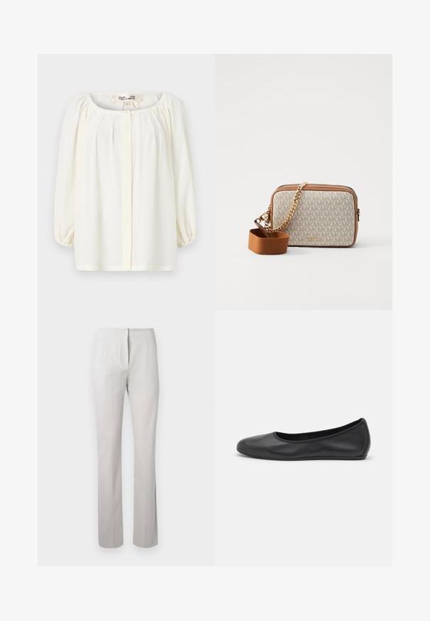 Valge pluus, millel on ümmargune kaelus, volditud esiosa ja kolmandiku pikkusega puhvvarrukad. Valmistatud kerge materjali ja pehme tekstuuriga.; Heledhalli, kohandatud püksid sileda tekstuuriga, sirge jala lõike ja keskmise tõusuga vöökohaga. Omab eesmist lukku ja külgtaskuid.; Musthave mustika tantsutossud mustast nahast, ümmarguse varbaga, siledast tekstuurist, minimaalse õmblusdetailiga ja paindliku tallakujundusega.; Üks õlarihmaga kott kreemja kangaga, millel on korduv MK logo muster, pruun nahast aktsent ja kuldne ketirpadi koos eemaldatava pruuni rihmaga.