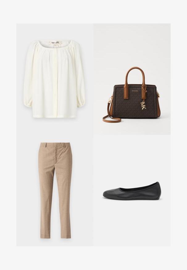 Biała bluzka z dekoltem w serek, plisowanym przodem i rękawami o długości trzy czwarte z puffem. Wykonana z lekkiego materiału o miękkiej teksturze.; Beżowe spodnie dopasowane o gładkiej fakturze, proste nogawki i zamek błyskawiczny. Posiada przednie kieszenie i subtelny wzór w jodełkę.; Czarne skórzane baletki z zaokrąglonym noskiem, gładką fakturą, minimalnymi przeszyciami i elastycznym designem podeszwy.; MICHAEL Michael Kors LAILA brązowy