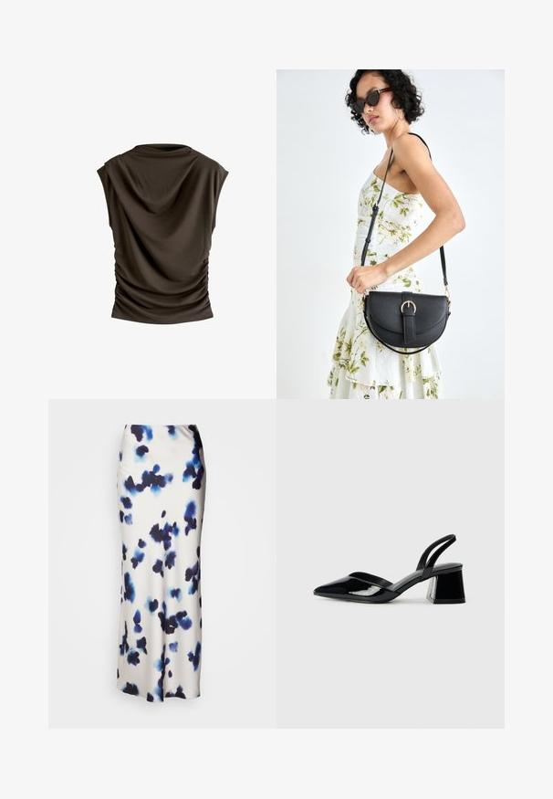 Pruun ilma varrukatop, millel on riputatav kapuuts, kogutud detailid külgedel ja sile, pehme kangas.; Lindex SKIRT MARY - Maksiseelik - light beige; Mustad musta lakknahk kingad, millel on terav varvas ja geomeetriline plokkkonts. Omab elegantselt minimalistlikku disaini ja sujuvat tekstuuri.; Mustmust mustraha kõverate joontega, eemaldatava rihmaga ja kuldsete detailidega. Kotil on klapp, millel on pandladetail.