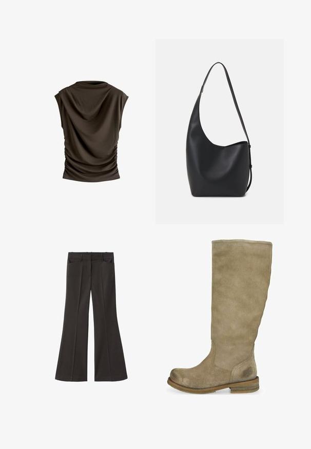 Top sans manches marron avec capuche drapée, détails froncés sur les côtés et texture de tissu lisse et doux.; Pantalons évasés noirs à taille haute ; dotés de deux poches avant et d'une texture de tissu lisse. Adaptés à diverses occasions.; Botte en suède beige, hauteur genoux, avec un bout arrondi et une finition texturée. Talon en bois marron, avec un détail de logo subtil près de la cheville.; Sac hobo en cuir noir avec une texture lisse, une forme incurvée et une seule sangle réglable ; dispose d'une large ouverture en haut.