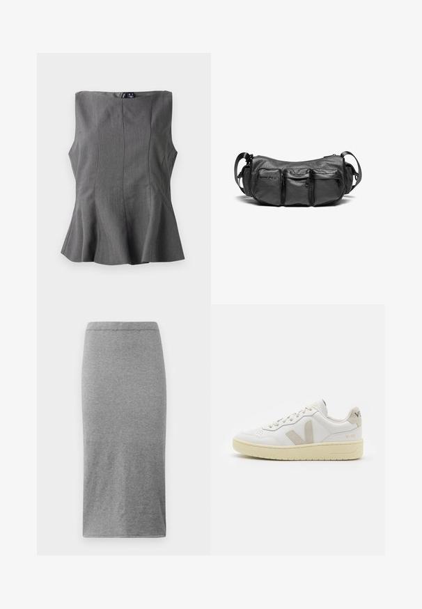 Pilkas peplumo topas su struktūruotu, be rankovių dizainu. Pagamintas iš lygaus audinio, turi vertikalias siūles ir tiesų iškirpimą.; Pilkos, iki kelių siekiančios, minkštos ir elastingos medžiagos sijonas. Pasižymi paprastu, kūną aptraukiančiu dizainu, su elastinga juosme ir lygia tekstūra.; Balti odiniai sportbačiai su kreminiais zomšos akcentais, perforuota pirštų dalimi, plokščiomis raišteliais ir struktūruota kreminėmis padomis. Ant kulno yra subtilus ženklinimas.; Juodas odinis krepšys per petį su tekstūriniu paviršiumi. Yra trys išoriniai kišeniai ir reguliuojama dirželis. Kompaktiška, apvali forma.