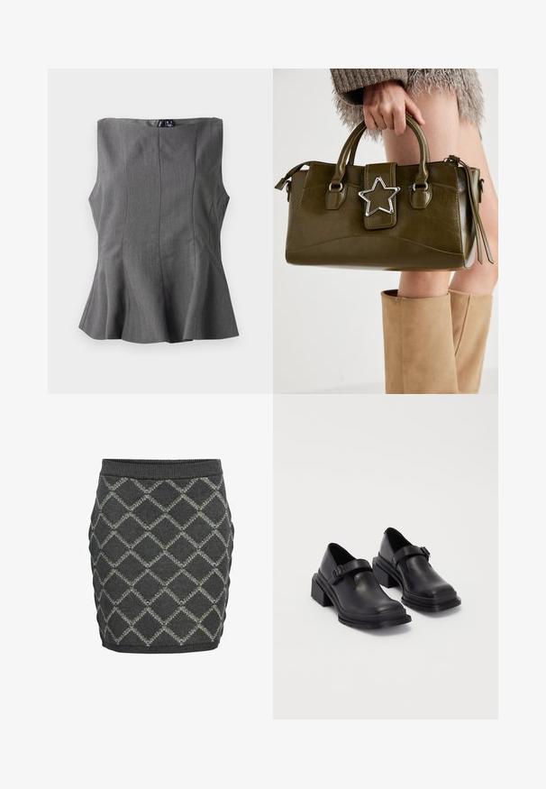Graues Peplum-Top mit strukturiertem, ärmellosem Design. Hergestellt aus glattem Stoff, mit senkrechten Nähten und geradem Halsausschnitt.; Grau gestrickter Rock mit einem Diamantmuster, strukturiertem Finish, geripptem Bund und taillierter Silhouette.; Schwarze Lederhalbschuhe mit runder Zehenpartie, flacher Sohle und einem Riemen mit Schnallen-Detail. Robuster Blockabsatz für zusätzliche Stabilität.; Olivgrünes Kunstlederhandtasche mit silbernem Sternakzent, doppelten Griffen und einem Reißverschluss. Strukturierten Form und texturierten Oberfläche.