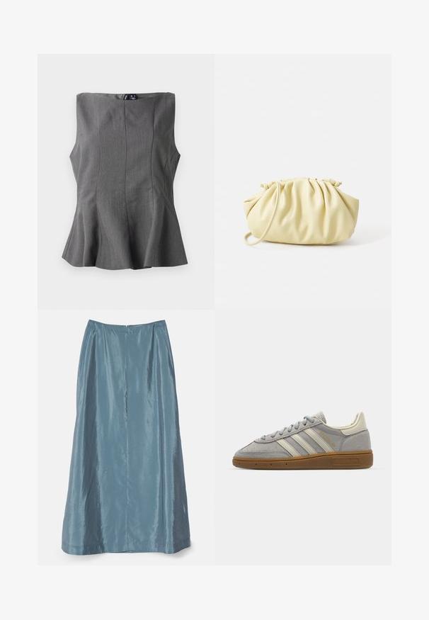 Sivina peplum majica s strukturiranim, bezrukavnim dizajnom. Izrađena od glatkog materijala, s vertikalnim šavovima i ravnim dekolteom.; Dolga, pliseerirana krila v mehkemu, sijočem modrem materialu z skritim zadrgo na hrbtu in gladko teksturo.; Sive športne copate iz semiša z svetlosivimi usnjenimi črtami in gumijastim podplatom. Značilnosti vključujejo vezalni sistem in subtilno blagovno oznako na jezičku.; Rumena nabirana torbica iz gladke umetne kože, ki ima mehko obliko, en ramenski trak in nabran vrhnji del.