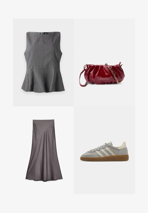 Sivý peplum top s pevnou, bezrukávovou konštrukciou. Vyrobený z hladkej tkaniny, ktorá má vertikálne švy a rovný výstrih.; Sivá saténová midi sukňa s hladkou textúrou a prúdnicovým dizajnom. Vyznačuje sa rovnými strihom, ktorý siaha pod kolená, bez zdobenia.; Šedé semišové tenisky s svetlosivými koženými pruhmi a gumovou podrážkou. Medzi vlastnosti patrí šnurovanie a jemné logo na jazyku.; Burgundská lesklá kožená kabelka s naberaným dizajnom, zlatými prvkami a nastaviteľným popruhom s nápisom "VALENTINO".