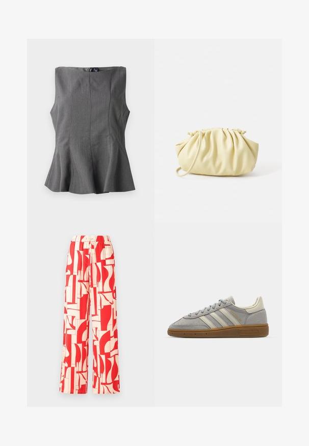Sivina peplum majica s strukturiranim, bezrukavnim dizajnom. Izrađena od glatkog materijala, s vertikalnim šavovima i ravnim dekolteom.; Rdeče vzorčaste široke hlače z elastičnim pasom, narejene iz lahkotnega materiala z abstraktnimi oblikami v rdeči in krem barvi.; Sive športne copate iz semiša z svetlosivimi usnjenimi črtami in gumijastim podplatom. Značilnosti vključujejo vezalni sistem in subtilno blagovno oznako na jezičku.; Rumena nabirana torbica iz gladke umetne kože, ki ima mehko obliko, en ramenski trak in nabran vrhnji del.