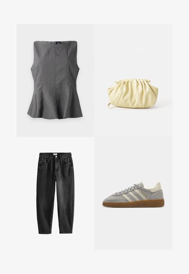 Pilkas peplumo topas su struktūruotu, be rankovių dizainu. Pagamintas iš lygaus audinio, turi vertikalias siūles ir tiesų iškirpimą.; Juodos džinsinės kelnės su tiesiu siluetu, penkiais kišenėmis ir mygtuko uždarymu. Ekstremalūs šviesėjimo požymiai ir siuvinėjimo detalės. Kasdienis dizainas.; Pilki zomšiniai sportbačiai su šviesiai pilkomis odinėmis juostelėmis ir guminiu padu. Ypatybės: raištelių uždarymas ir subtilus prekės ženklo logotipas ant liežuvėlio.; Geltona klostuota rankinė, pagaminta iš lygaus dirbtinio odos, su minkšta forma, vienu peties dirželiu ir surinktu viršumi.