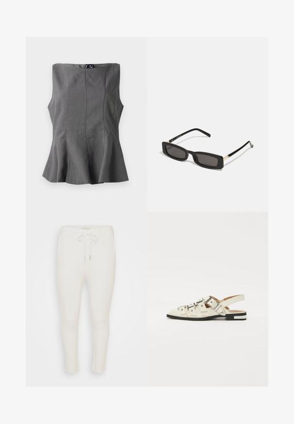 Pelēks peplum tops ar strukturētu, bez piedurknēm dizainu. Izgatavots no gludas auduma, ar vertikālām šuvēm un taisnu dekoltē.; Baldie jogger bikses ar elastīgu jostasvietu un regulējamu auklu. Izgatavotas no mīksta auduma ar gludu tekstūru un sašaurinātu kāju dizainu.; Baleta sandalītes baltā ādā ar vairākiem platām siksnām un sudraba sprādzēm; plakana zole ar mazu melnu papēdi un metalizētām akcentiem.; Melnas taisnstūra saulesbrilles ar tumšiem objektīviem, spīdīgām plastikāta rāmēm un zelta akcentiem tempļos. Minimalistisks dizains un eleganta forma.; Dzeltena austs kabata ar atloku dizainu, noņemamu plaukstas siksnu un zeltītu ķēdes akcentu. Gluda tekstūra un taisnstūra forma.; Zelta auskari ar gludu, spīdīgu apdari. Apaļš dizains, kas ietver mazu tapu un caurspīdīgu pamatni drošai valkāšanai.