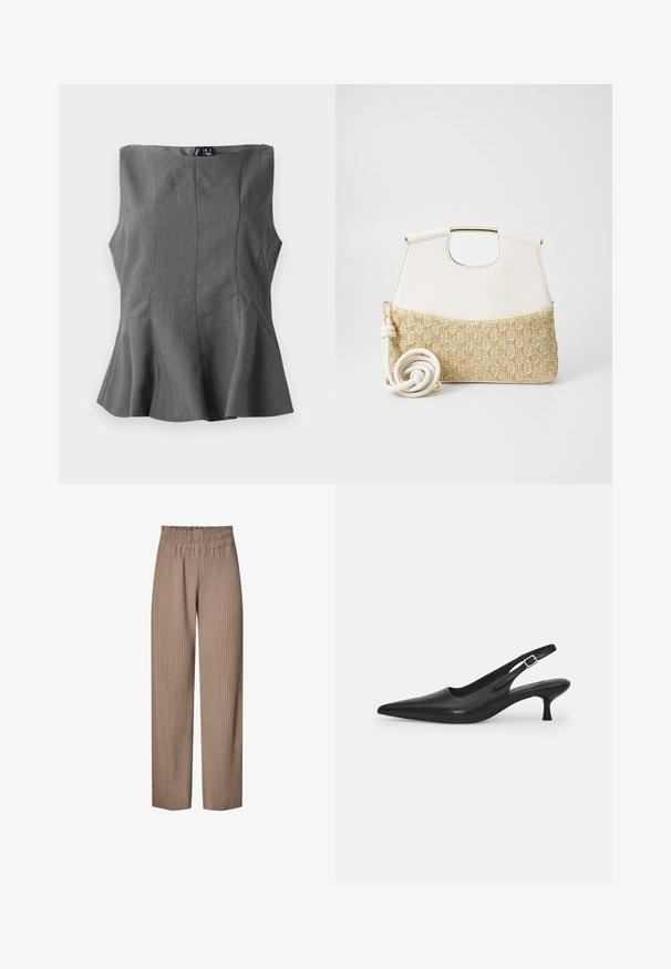 Pilkas peplumo topas su struktūruotu, be rankovių dizainu. Pagamintas iš lygaus audinio, turi vertikalias siūles ir tiesų iškirpimą.; Šviesiai rudos spalvos plačios kelnių raukšlės su gumyte liemenyje, puošiančios vertikaliomis juostelėmis, suteikiančiomis papildomos tekstūros ir dizaino.; Juodos odinės slingback bateliai su smailiu nosiu ir plonu, lenktu kulnu. Yra diskretiška reguliuojama juostelė su metaliniu sagtimi.; Balta odinė rankinė su tekstūruotu kreminiu pintu dugnu. Ypatumai: auksinės spalvos rankena ir suktas baltas dirželis, suteikiantis universalumo.