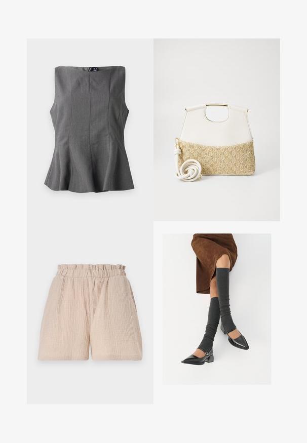 Pelēks peplum tops ar strukturētu, bez piedurknēm dizainu. Izgatavots no gludas auduma, ar vertikālām šuvēm un taisnu dekoltē.; Gaiši bež šorti ar krokotu tekstūru un elastīgu jostasvietu. Dizains ir brīvā griezuma, bez papildu detaļām vai rakstiem.; Melnas laka ādas apavi ar norādītu purngalu, blokveida papēdi un potīšu jostu, saskaņoti ar pelēkām ribotām kāju sildītājām un brūnu zamšādas svārku.; Balta ādas rokassoma ar strukturētu krēmkrāsas austu audumu apakšā. Iekļauj zeltaini rokturi un saritinātu baltu siksnu daudzveidībai.