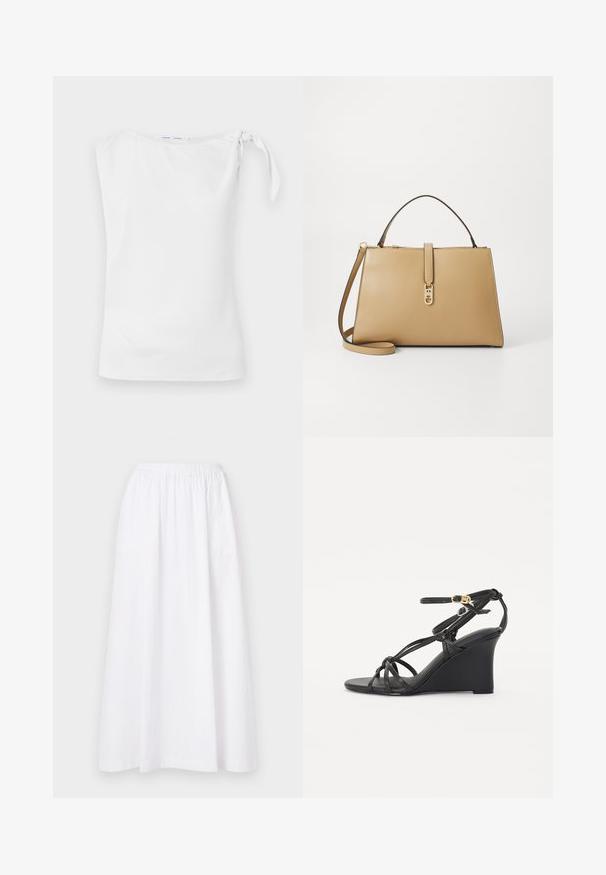 Balta be rankovių palaidinė su asimetriška iškirpte ir surišimu kairėje petyje, pagaminta iš lygaus, lengvo audinio.; Balta, iki kelių siekianti sijonas su elastinga juosta, turintis paprastą dizainą ir lengvą audinį, demonstruojantis lygų, vientisą tekstūrą.; Juodos platforminės šlepetės su plonomis kryžminėmis juostelėmis ir reguliuojamu kulkšnies dirželiu su auksine sagtimi. Lygaus odos paviršiaus apdaila.; Tommy Hilfiger LIBRE SATCHEL - Rankinė - safari