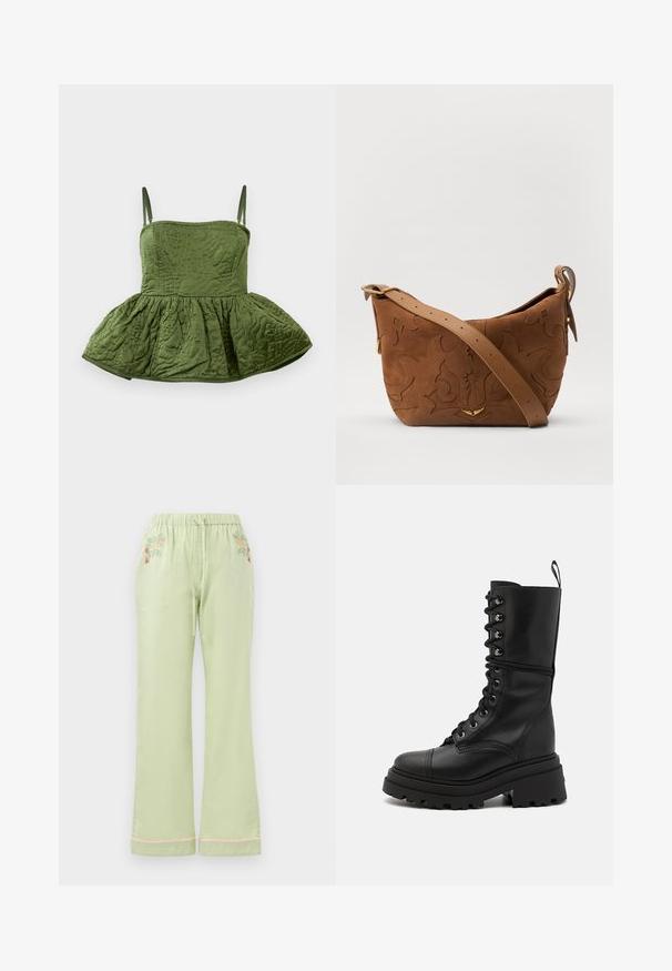 Sleeveless green quilted crop top with a flared peplum hem, featuring intricate surface patterns and thin adjustable straps.; Light green, loose-fit pants with an elastic waistband and drawstring. Features floral embroidery on the front and a pink hem detail.; Black leather lace-up boots with a chunky lug sole, high shaft, and textured surface, featuring metallic eyelets and a pull tab.; Brown suede shoulder bag with embossed floral design, complemented by a smooth brown leather strap and gold-tone hardware accent.