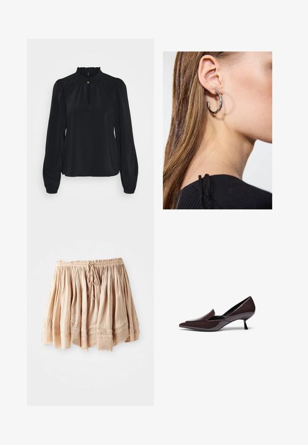 Schwarze Bluse aus weichem Stoff mit einem hohen rüschenbesetzten Ausschnitt, einem Schlüssellochöffnungs-Detail auf der Vorderseite und langen, gepufften Ärmeln mit eng anliegenden Manschetten.; Heller beiger, gestufter Rock aus weichem Stoff mit elastischem Bund und verstellbarem Kordelzug, der dezente Falten und genähte Akzente aufweist.; Spitze Pumps aus dunkelbraunem Lackleder mit einem niedrigen Stiletto-Absatz und schlanker Silhouette, ausgestattet mit einem leicht erhöhten Blatt.; Silberne Creolen mit polierter Oberfläche, die kleine goldene Akzentdetails und eine runde Form aufweisen, am Ohrläppchen getragen.