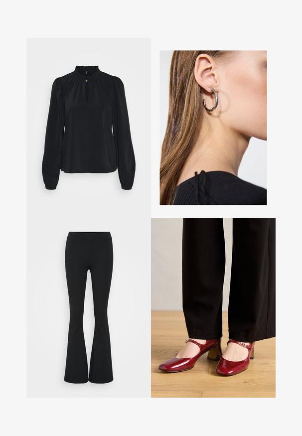 Mustast pehmest kangast blouse, kõrge ruffle-kaelusega, ees väikese aukuga ja pikkade puff-sleeve'idega, mis on kitsaste mansettidega.; Mustad flared püksid venivast kangast, kõrge vöökoht ja sile tekstuur. Püksid laienevad põlve kohalt.; Punane lakitud nahast Mary Jane kontsad ruudukujulise varbaga, rihm üle jala ja madal plokknina. Ühendatud mustade pükstega.; Hõbedane rõngas kõrvarõngas poleeritud viimistlusega, millel on väikesed kuldsed aktsendid ja ümmargune kuju, kantud lobus.