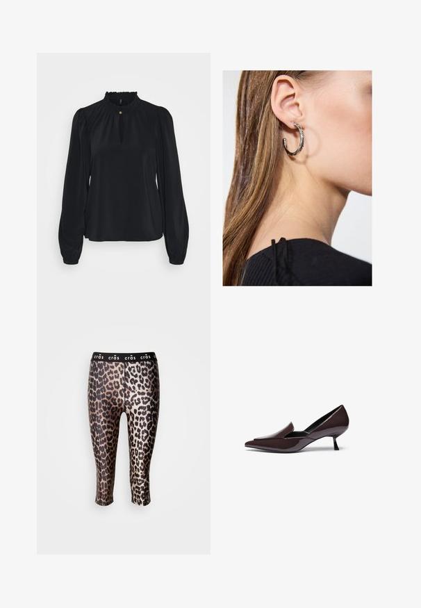 Bluză neagră din țesătură moale, cu un guler cu volane înalt, o deschidere tip cheie în față și mâneci lungi umflate cu mansete strânse.; Colanți scurți dintr-un material elastic, cu un model de leopard negru și auriu, având un breton elastic negru.; Pantofii cu vârf ascuțit, din piele lăcuită de culoare maro închis, cu un toc stiletto mic și o siluetă elegantă, având un vârf ușor ridicat.; Cercel din argint cu un finisaj polișat, având detalii mici din aur și o formă rotundă, purtat pe lobul urechii.