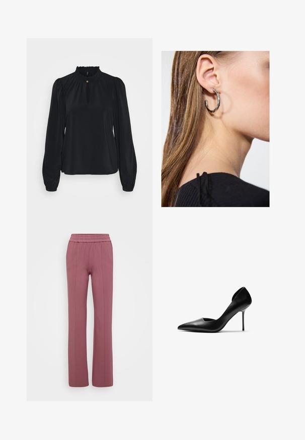 Musta paita, joka on valmistettu pehmeästä kankaasta, korkealla röyhelökauluksella, avauksella edessä sekä pitkillä puffihihansuilla, joissa on tiukat hihansuut.; Vaaleanliilat suorat housut, joissa on joustava vyötärö. Valmistettu pehmeästä materiaalista, ja niissä on pystysuorat saumat viimeistellyn ilmeen saavuttamiseksi.; Mustat nahkaiset stiletto-korkokengät, joissa on terävä kärki ja leikattuja sivuja. Sileä pinta ja korkea, hoikka korko luovat elegantin siluetin.; Hopea renkaankorvakoru kiiltävällä pinnalla, jossa on pieniä kultaisia yksityiskohtia ja pyöreä muoto, käytetty korvalla.