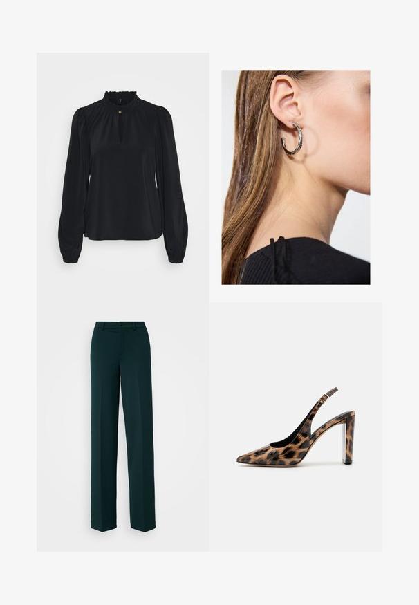 Svart bluse laget av myk stoff med en høy rynket hals, en nøkkelholåpning foran, og lange puffermer med tettsittende mansjetter.; ONLY Tall ONLPEACH LIFE WIDE - Bukse - scarab; Leopardmønstret slingback pumpsko med spidse tæer og gennemsigtig blokhæl. Lavet af glossy materiale med en glat tekstur.; Sølv ringøredob med en polert finish, med små gull detaljer og en rund form, båret på øreflippen.