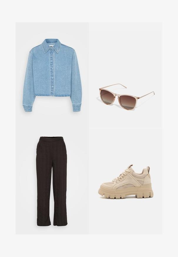Skračená svetlomodrá džínová bunda s gombíkovým zapínaním, špicatým golierom a rozptýlenými malými lesklými akcentmi na látke.; Čierne široké nohavice vyrobené z textúrovaného materiálu s skladaným dizajnom. Majú elastický pás a bočné vrecká.; Béžové chunky tenisky s kombináciou sieťoviny a semišu, s hrubou podrážkou a výrazným vzorom, šnurovací dizajn a detaily značky.; Hnedé slnečné okuliare s prechodovým efektom a priehľadným ružovým rámom, štvorcového tvaru a tenkými kovovými ramenami. Obsahujú zaoblené okraje a minimálne detaily.