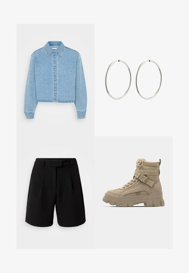 Lyhyttyinen vaaleansininen farkkutakki, jossa on napitettava etuosa, terävä kaulus ja pinnassa on hajallaan pieniä kiiltäviä yksityiskohtia.; Musta sävyllä muotoillut shortsit, jotka on valmistettu sileästä kankaasta. Niissä on korkea vyötärö, poimutuksia, vyölenkit ja sivutaskut sekä siisti leikkaus.; Tan korkeavartiset saappaat, jotka on valmistettu synteettisestä materiaalista. Niissä on paksu pohja, tekstuuriin perustuvia kangasvaikutteita ja hihna, jossa on logo-tyyppinen yksityiskohta.; Hope hopea, jossa on sileä ja kiillotettu pinta. Pyöreä muoto, tasainen leveys, suunniteltu helppoa kiinnittämistä varten. Yksinkertainen ja elegantti.