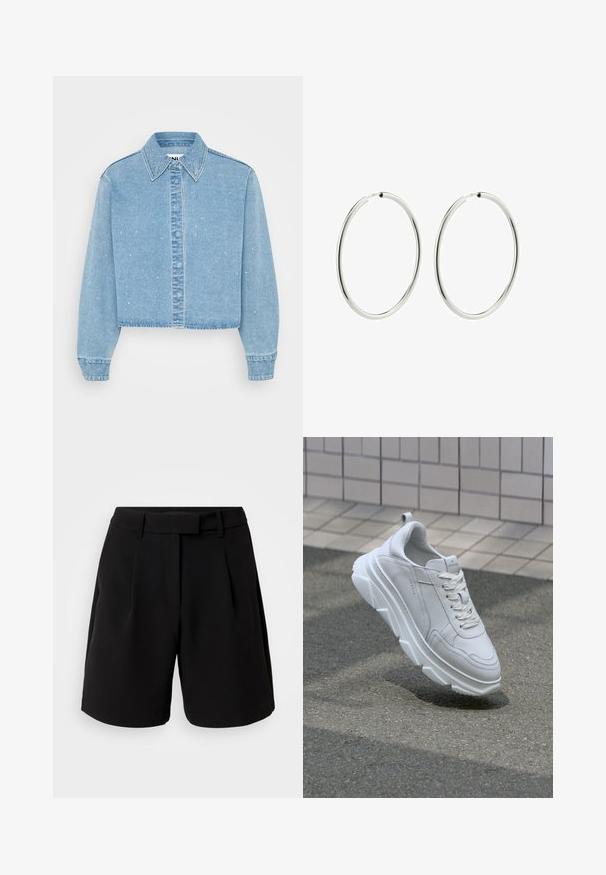 Cropped light blue denim jacket with a button-up front, pointed collar, and scattered small shiny accents on the fabric.; Black tailored shorts, made of smooth fabric, featuring a high waist, pleats, belt loops, and side pockets, with a clean-cut design.; White leather sneaker with a thick, textured rubber sole, featuring lace-up closure and stitching details. Rounded toe and ankle support design.; Silver hoop earrings with a smooth, polished finish. Circular shape, consistent width, designed for easy fastening. Simple and elegant.