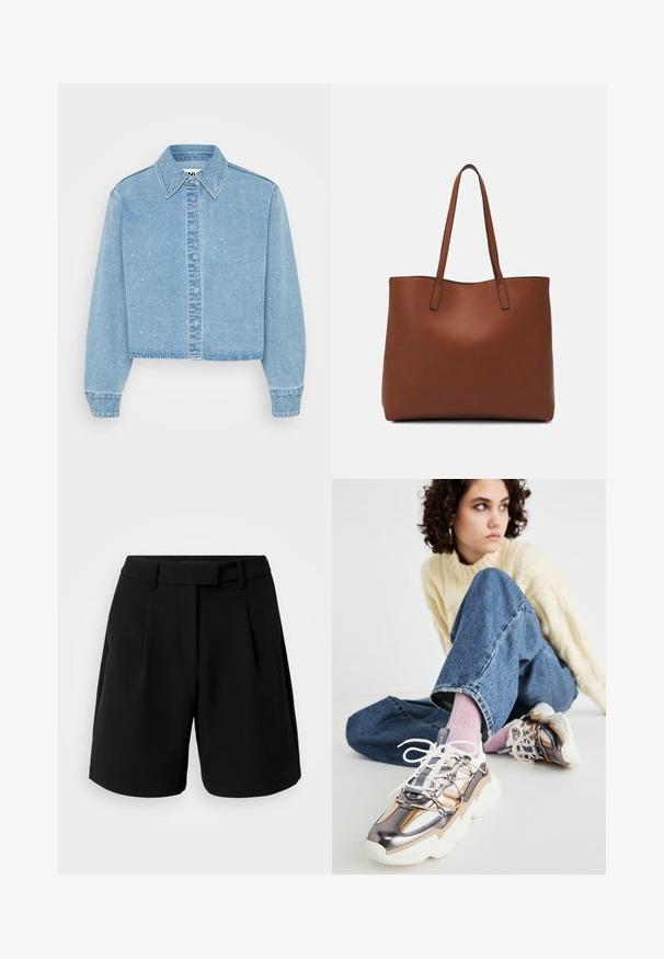 Cropped light blue denim jacket with a button-up front, pointed collar, and scattered small shiny accents on the fabric.; Black tailored shorts, made of smooth fabric, featuring a high waist, pleats, belt loops, and side pockets, with a clean-cut design.; Young person with curly hair wearing a cream sweater, blue jeans, pink socks, and metallic chunky sneakers sitting on the floor looking away.; Brown leather tote bag with a smooth texture, open top design, and two shoulder straps. Features minimal stitching and no visible hardware.
