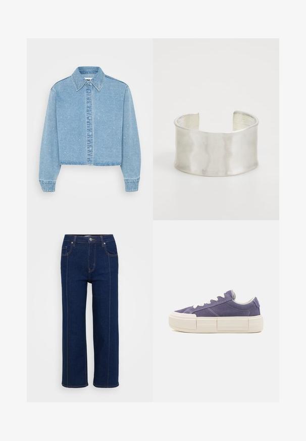 Cropped light blue denim jacket with a button-up front, pointed collar, and scattered small shiny accents on the fabric.; Dark blue straight-leg jeans with button closure, front and back pockets, and visible orange stitching along seams.; Purple suede sneaker with white laces, chunky cream sole, and contrasting stitching. Features a low-cut design and rounded toe.; Zign Bracelet - silver-coloured