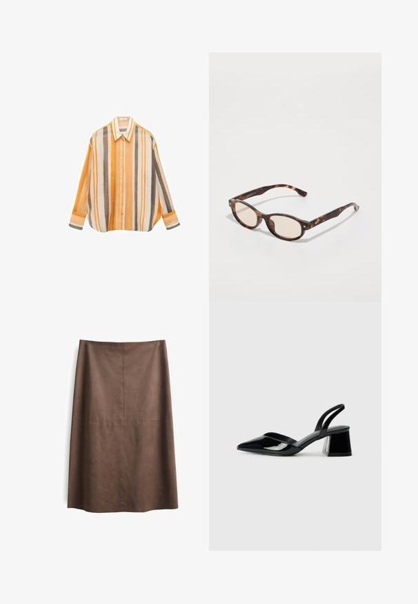 Gestreept shirt in oranje, wit en bruin tinten. Losse pasvorm met lange mouwen, een puntige kraag en knoopsluiting aan de voorkant.; Bruine suede A-lijn rok met een zachte textuur, knielange stijl en subtiele naaddetails. Geen zichtbare hardware of accenten.; Zwarte gepatineerde leren slingback hakken met een spitse neus en een geometrische blokhak. Kenmerkt zich door een slank, minimalistisch ontwerp en een gladde textuur.; Schildpadbril met een ronde vorm en lichte lenzen. Heeft stevige armen met kleine gouden accenten, gemaakt van plastic materiaal.; Witte leren tote bag met een gestructureerde vorm, prominente stiksels, gouden hardwarelabel en dubbele handgrepen. Gelaagde oppervlakte met zijzakken.