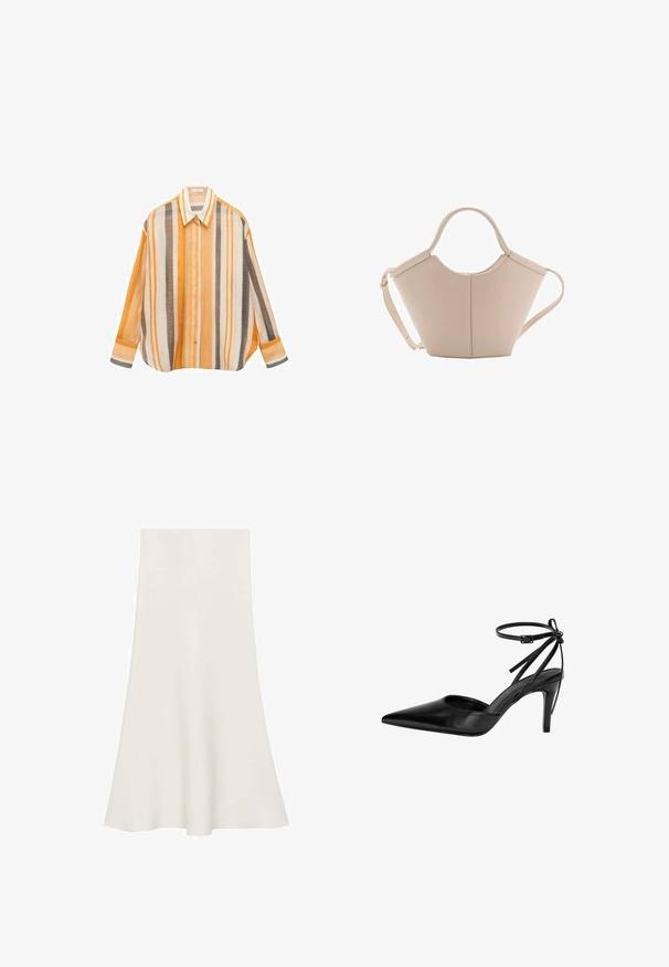 Cămașă cu dungi în nuanțe de portocaliu, alb și marron. Croi lejer, cu mâneci lungi, guler ascuțit și închidere cu nasturi pe față.; Fustă albă evazată, realizată dintr-un material neted, cu un tiv lat și o siluetă în formă de A, cu o lungime până la genunchi.; Pantof cu toc înalt, negru, cu vârf ascuțit, având un design cu decupaje și curea pentru gleznă ajustabilă. Pantoful are o suprafață netedă și strălucitoare, cu un toc subțire.; Geantă de mână bej din piele cu o formă unică, dotată cu două mânere scurte și o curea lungă ajustabilă. Textură netedă, cu hardware minim.