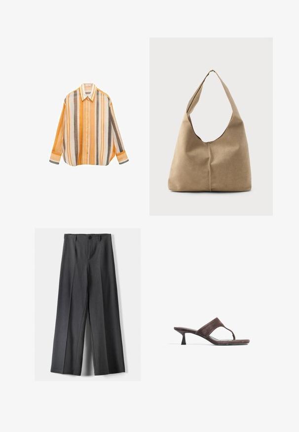 Striped shirt in orange, white, and brown hues. Loose fit with long sleeves, a pointed collar, and button closure down the front.; Wide-leg trousers in dark grey fabric, featuring a button closure, front pleats, and belt loops. Smooth texture with a tailored design.; Brown suede slide sandals with a thong strap, low kitten heel, and a smooth, flat sole. Minimalist design with a sleek silhouette.; Hobo bag in soft beige suede with a slouchy shape, wide shoulder strap, and a hand-stitched seam detail along the front.
