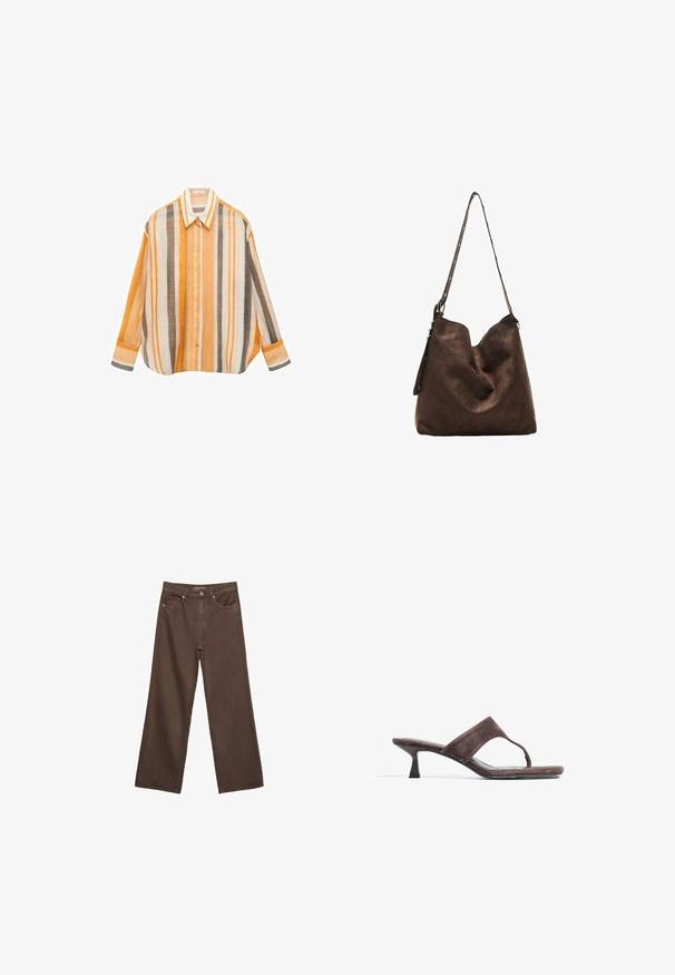 Koszula w paski w odcieniach pomarańczowym, białym i brązowym. Luźny fason z długimi rękawami, kołnierzykiem w kształcie spiczastym oraz zapięciem na guziki z przodu.; Szerokie brązowe dżinsy wykonane z denimu, z wysokim stanem, przednimi kieszeniami i klasycznym zapięciem na guzik. Gładka faktura z subtelnym przeszyciem.; Brązowe zamszowe klapki z paskiem w kształcie litery T, niskim obcasem w kształcie kociego pazura oraz gładką, płaską podeszwą. Minimalistyczny design o smukłej sylwetce.; Brązowa zamszowa torba hobo z zaokrąglonym przodem, długim paskiem z akcentami w postaci kropek oraz miękką fakturą. Charakteryzuje się luźnym designem, idealnym do codziennego użytku.