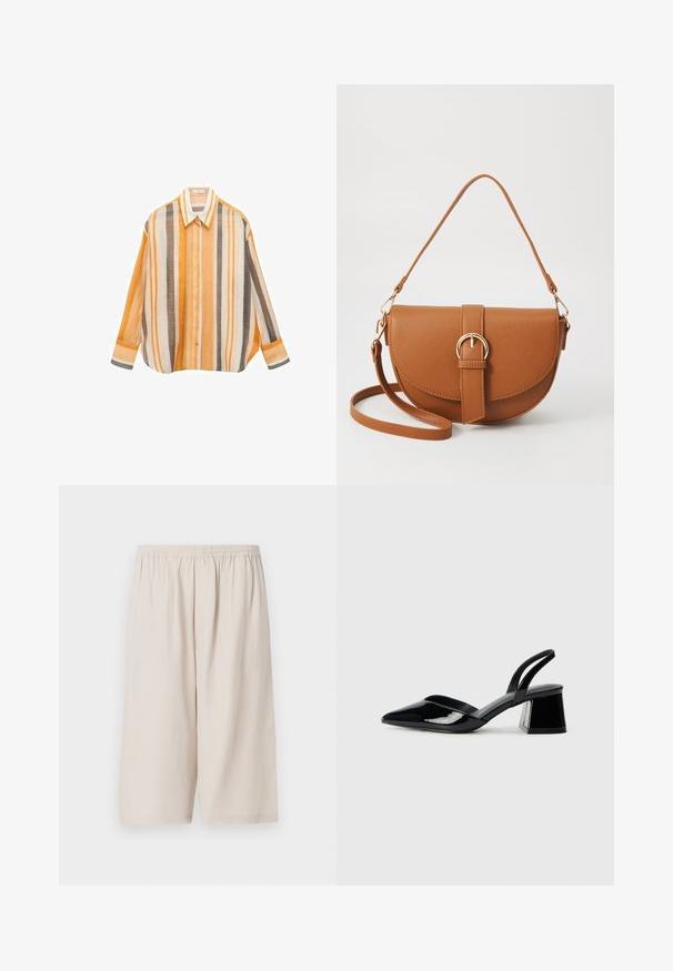 Črtasta majica v oranžni, beli in rjavi barvi. Ohlapen kroj z dolgimi rokavi, koničastim ovratnikom in gumbom ob sprednji strani.; Bež hlače iz lahko tkanine, z elastičnim pasom, dolžine do kolen in gladko teksturo. Enostavna zasnova brez vzorcev.; Črne lakirane slingback pete s koničastim nosom in geometrijsko blokasto peto. Imajo eleganten, minimalističen dizajn in gladko teksturo.; Rjava usnjena torbica prek telesa s ukrivljeno obliko, zlate opreme in sponko. Ima odstranljiv naramni trak.