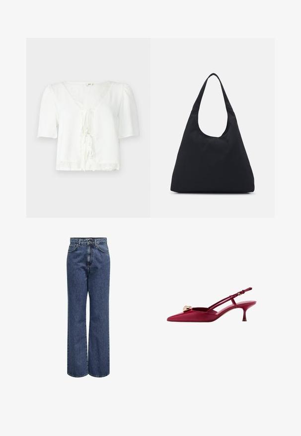 JDY JDYLION LIFE STRING - Pusero - cloud dancer; Laineet siniset farkut, joissa on nappi- ja vetoketjusuljenta, etutaskut ja klassinen viisi taskua -suunnittelu. Kestävä kangas, jossa on sileä pinta.; Punaiset lakatut nahkakengät, joissa on slingback-malli ja kärjessä terävä muoto, koristeltu kultaisella pallomaisella yksityiskohdalla ja hoikalla korkolla. Säädettävä hihnakiinnitys.; Musta kangaskassi, jossa on yksi leveä olkahihna. Pehmeä, puolirakenteellinen muoto ja sileä pinta; minimalistinen muotoilu ilman näkyviä metalliosia.