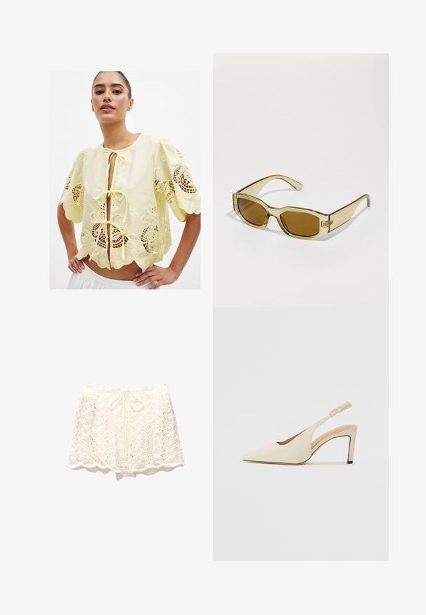 Gelbe bestickte Bluse mit kurzen Puffärmeln, einem Frontband, gewelltem Saum und offenen Spitzenverzierungen. Baumwollmaterial, leichtes Textil.; Weiße Häkelshorts mit gewelltem Saum, die ein strukturiertes, offenes Strickdesign aufweisen und über einen Kordelzugbund für eine verstellbare Passform verfügen.; Beige Leder Slingback-Absätze mit einer spitzen Zehenpartie, offenem Seitendesign und einem schlanken hohen Absatz. Enthält einen goldenen Akzent am Riemen.; Transparente, bernsteinfarbene Sonnenbrille mit rechteckigen Gläsern, dicken Bügeln und glänzender Oberfläche, die ein dezentes Logo an der Seite aufweist.; Rosa Lederhandtasche mit gerafftem Oberteil, goldener Kettenriemen und Logodetail. Schulter getragen vor einem weißen Hintergrund.