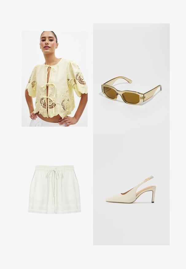 Yellow embroidered blouse with short puff sleeves, a front tie, scalloped hem, and open lace detailing. Cotton material, lightweight texture.; White, lightweight shorts made of crinkled fabric. Elastic waistband with drawstring, side pockets, and a relaxed fit.; Beige leather slingback heels with a pointed toe, open side design, and a slim high heel. Features a gold accent on the strap.; Transparent amber sunglasses with rectangular lenses, thick arms, and a glossy finish, featuring a subtle logo on the side.; Pink leather handbag with a gathered top, gold chain strap, and logo detail. Worn on the shoulder against a white background.