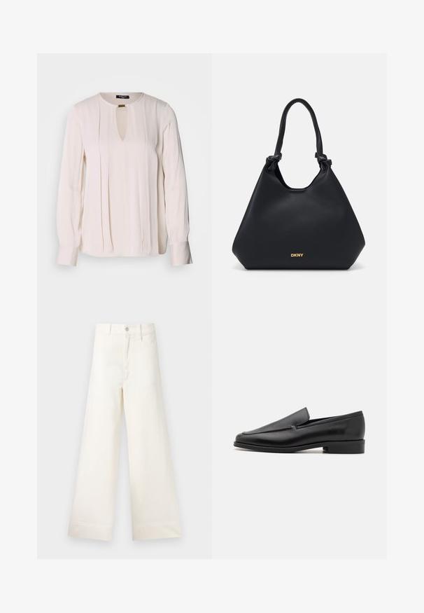 Hosszú ujjú krémblúz kulcslyuk kivágással, pliszírozott elülső részletezéssel és gombos mandzsettával. Simább, könnyű szövettextúra.; Világos bézs pamut széles lábú nadrág. Magas derék, elülső zsebek és egyenes vonalú fazon jellemzi. Tiszta, mintázat nélküli hem befejezés.; Fekete bőr loaferek lekerekített orral, sima felülettel, diszkrét varrási részletekkel és alacsony, vaskos sarkakkal. Lapos talp kialakítás a kényelem érdekében.; Fekete bőr tote táska texturált felülettel, kötött fogantyúkkal és arany logó részlettel az alján. Tágas sziluettel rendelkezik.